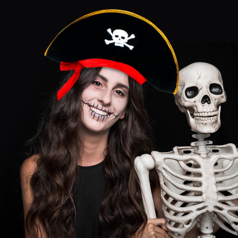 D-Fokes 2 Pieces Pirate Hat Skull Print Pirate Captain Costume Cap - Pirate Accessories Funny Party Hat for Caribbean Fancy Dress with Eye Patch - Image 4